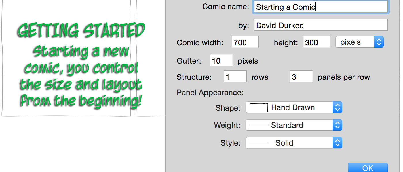 How to get started on a comic strip with Comic Strip Factory. This dialog allows you to set the size, number of panels, and appearance options.